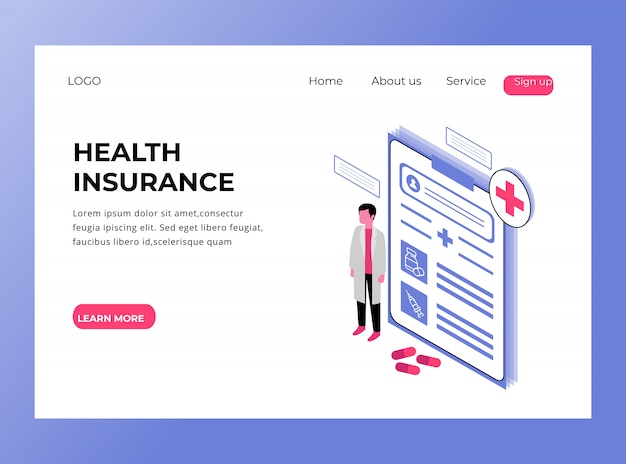 Isometric landing page of health insurance premium