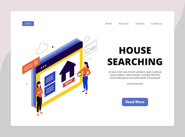 Isometric landing page of house searching