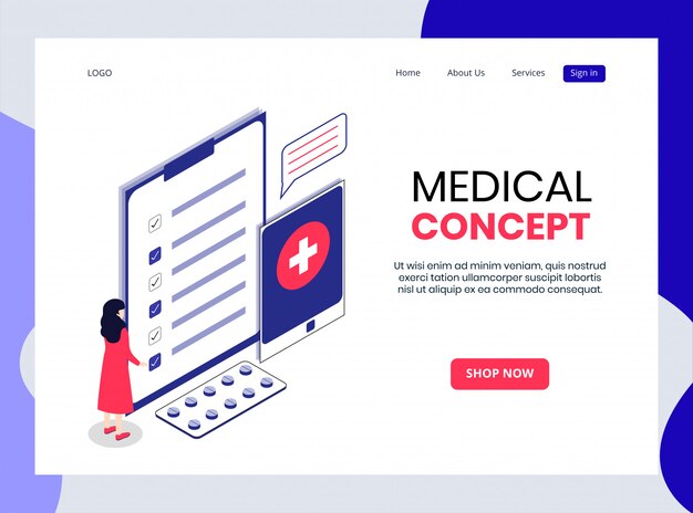 Isometric landing page of medical concept