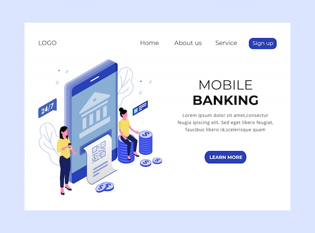 Isometric Landing Page of Mobile Banking