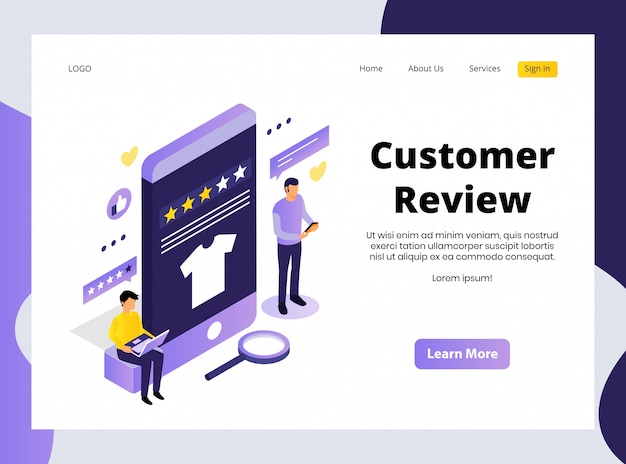 Вектор Изометрическая посадочная страница отзыва клиентов