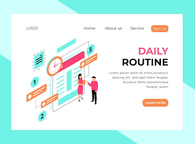 Вектор Изометрическая целевая страница распорядка дня