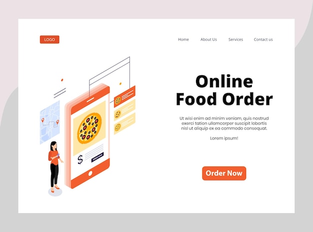 ベクトル オンライン食品注文の等尺性ランディングページ