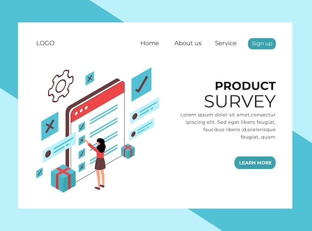 벡터 제품 설문 조사의 아이소 메트릭 랜딩 페이지