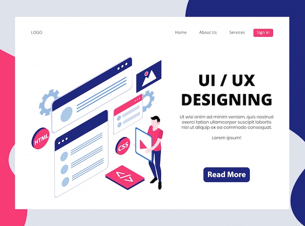 Изометрическая целевая страница ui / ux design