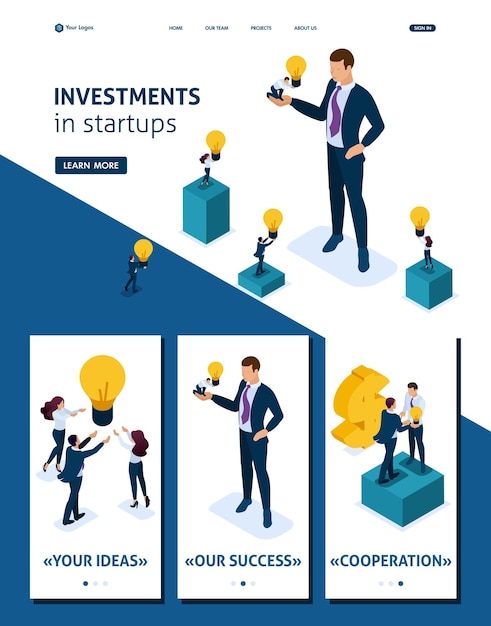 Вектор Изометрическая целевая страница предлагает инвестиционную возможность для инвестирования в рост стартап-бизнеса.