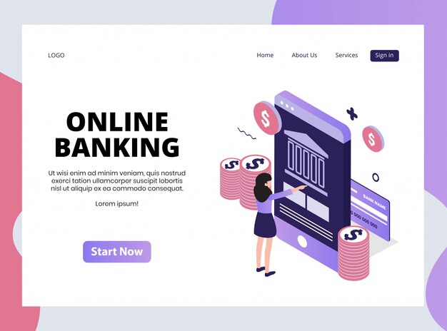 Isometric Landing Page of Online Banking