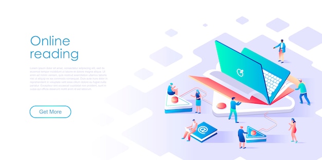 Isometric landing page online reading or e-book flat concept