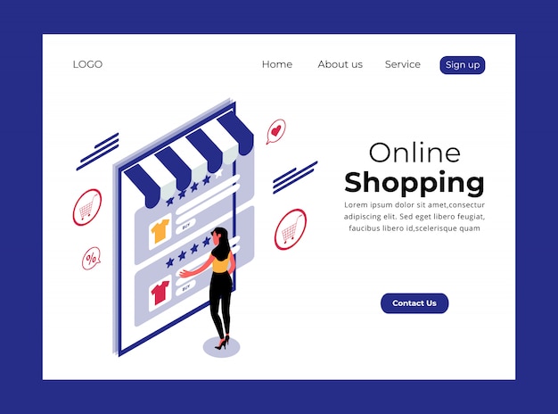 Pagina di destinazione isometrica del modello premium per lo shopping online