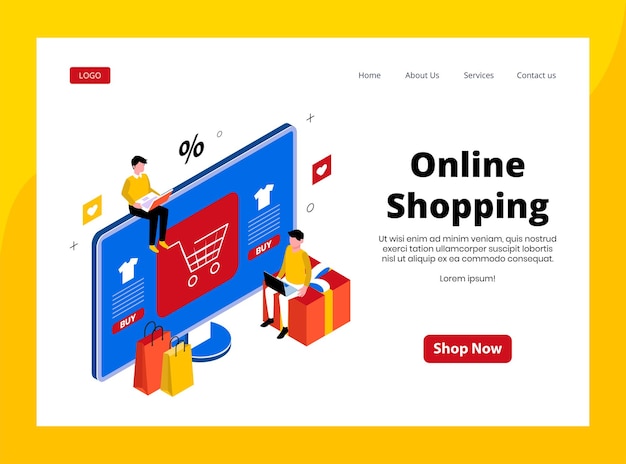 Isometric landing page of online shopping