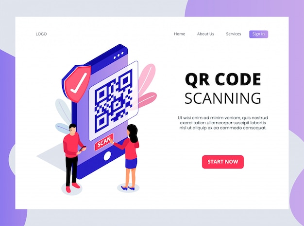 Vector isometric landing page of qr code scanning