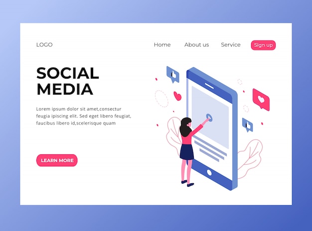 Isometric landing page of social media