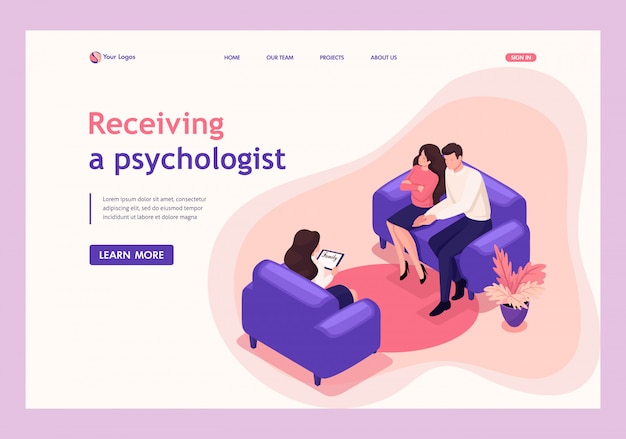 Isometric landing page of spouses at the reception of psychologist, conflict in the family.