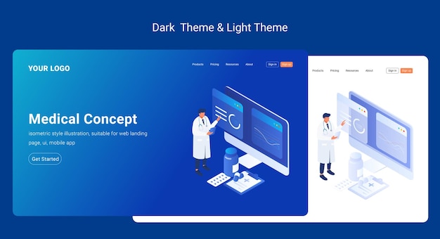 Isometric landing page template for doctor analyzes patient data