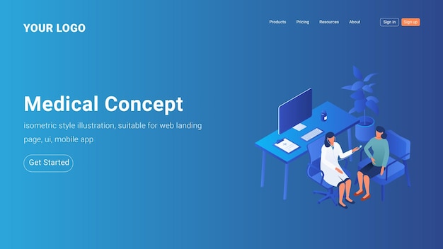 Isometric landing page template for pregnant woman see a doctor