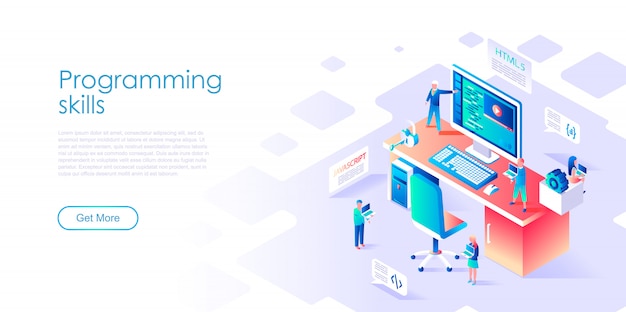 Vector isometric landing page template programming skills