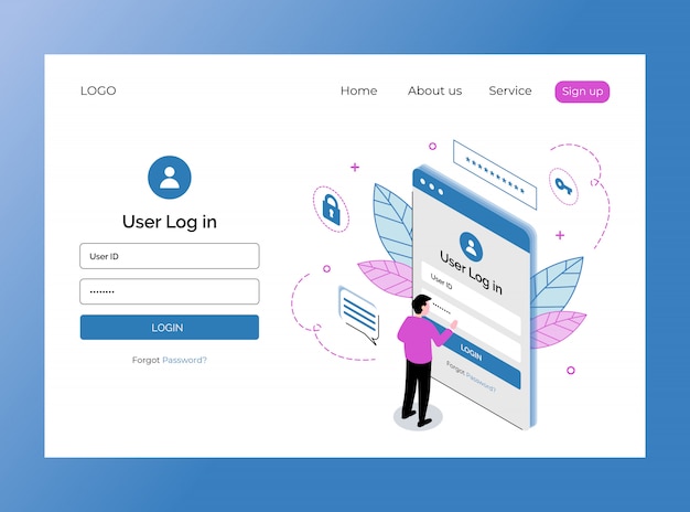 Isometric landing page of user login template premium