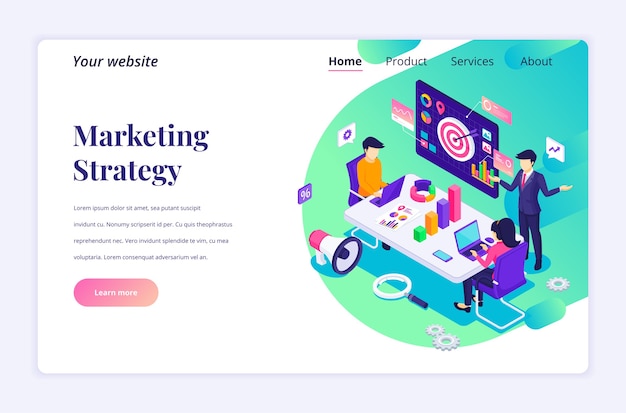 Concetto di landing page isometrica della strategia di marketing, uomini d'affari in riunione o discussione