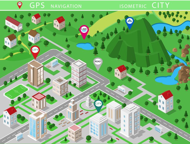 Vector isometric landscapes with city buildings, village, roads, parks, plains, hills, mountains, lakes, rivers and waterfall. set of detailed city buildings. 3d isometric map with gps navigation