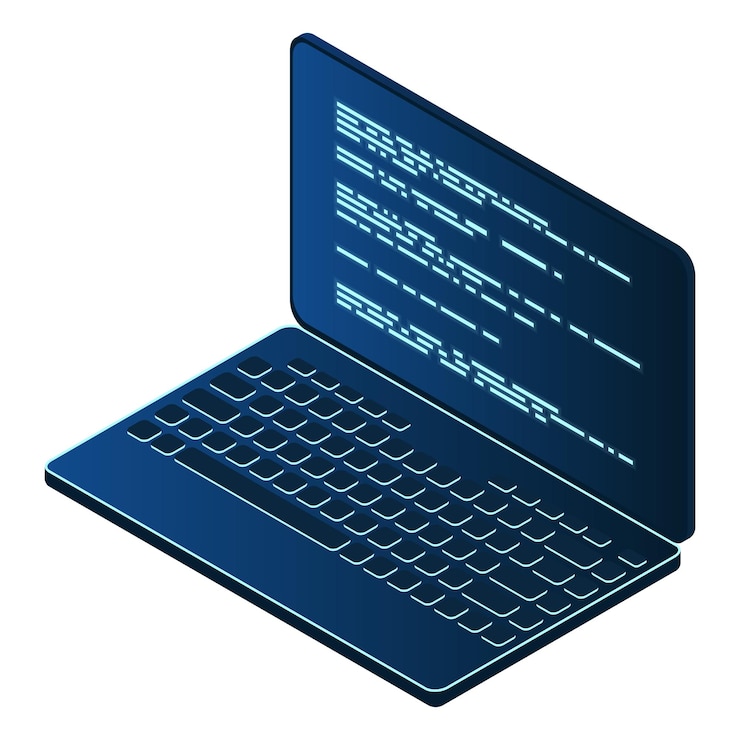 Vector isometric laptop 3d isometric laptop computer abstract programming language and program code on a laptop screen vector illustration