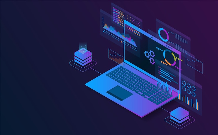 Vector isometric laptop analysis information connect with server futuristic concept illustration