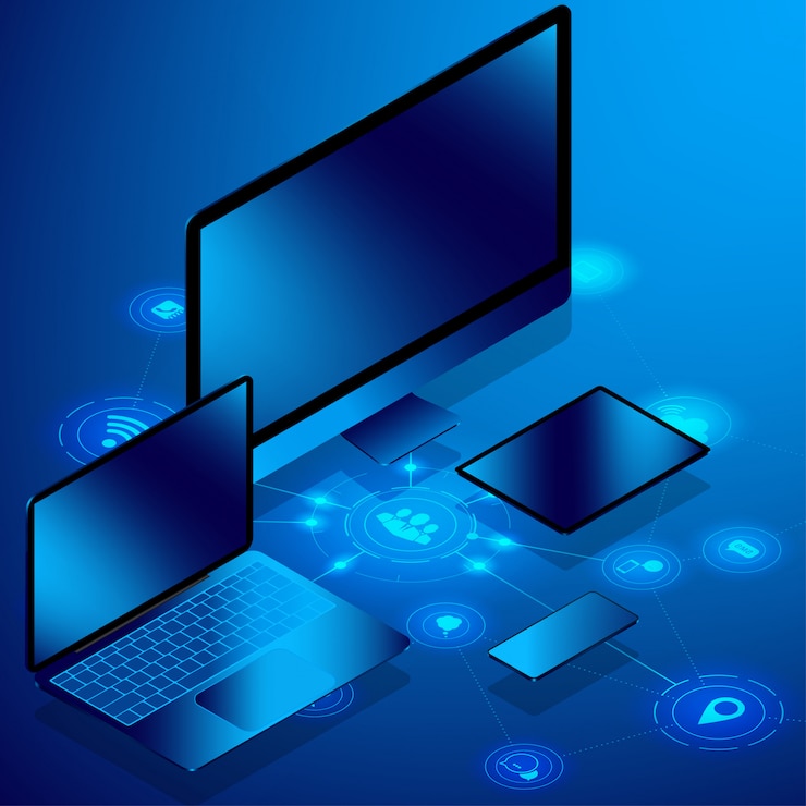 Vector isometric laptop computer  with smartphone and tablet infographic elements, iot concept.