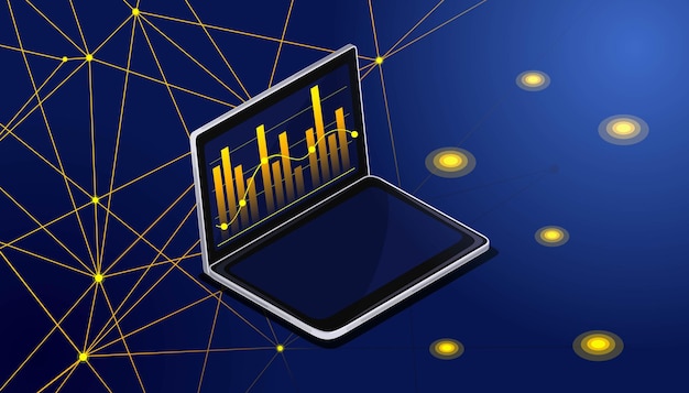 Isometric laptop monitor displays statistics on the growth of revenue based on charts and graphs