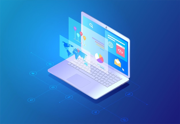 Isometric laptop and web design pages illustration