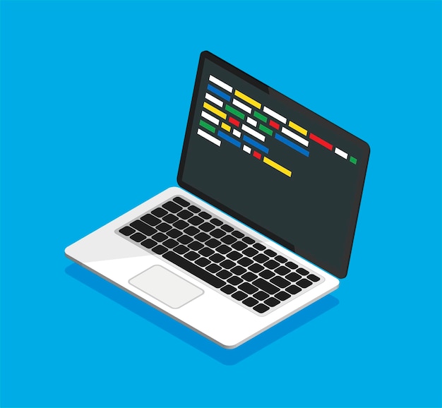 Изометрический ноутбук с кодом на дисплее Программирование дизайна веб-разработчика Концепция кодирования