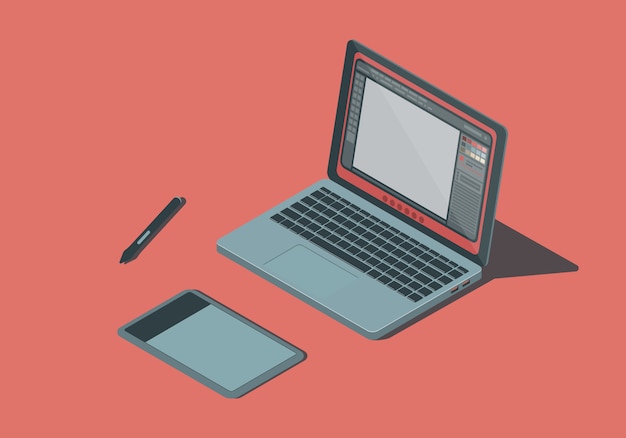 Vector isometric laptop with graphics tablet.