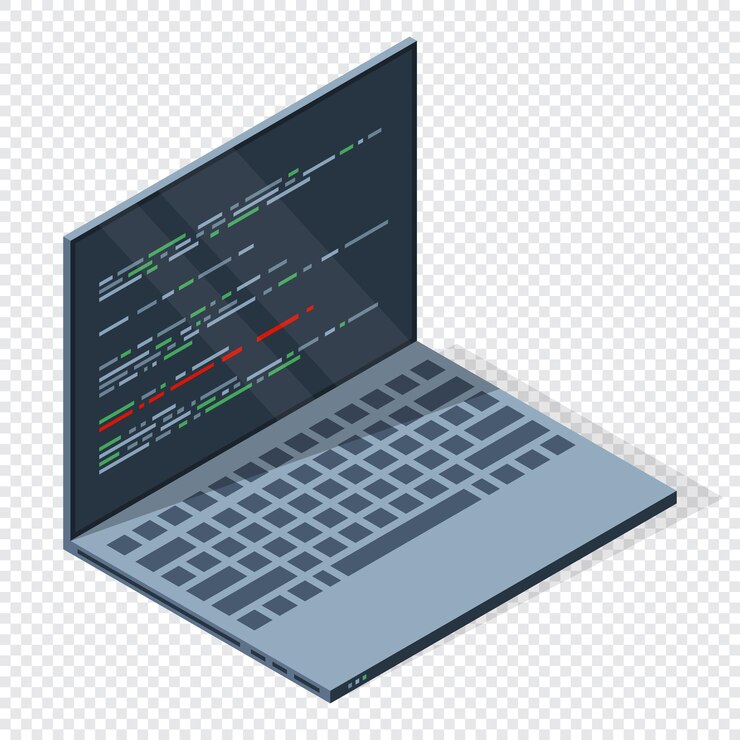 Vector isometric laptop with program code on screen programming concept web development vector illustration