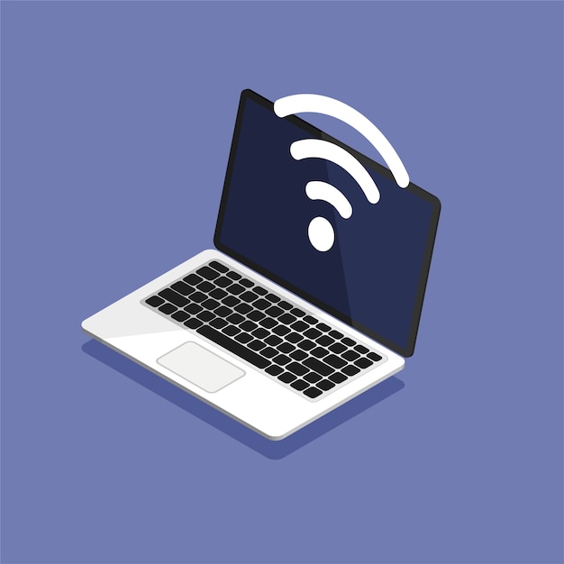 디스플레이에 Wi-Fi 신호가있는 아이소 메트릭 노트북. 컴퓨터 화면 템플릿.