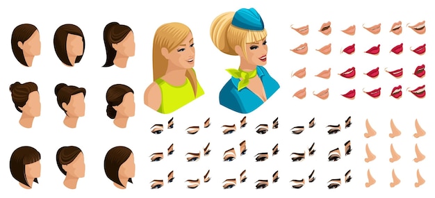 Vector isometric large set of lips hair eyes nose for create emotions of character stewardess
