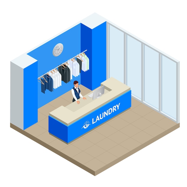 Isometric Laundry reception concept. Laundry service with dry cleaning and washing. Flat vector illustration