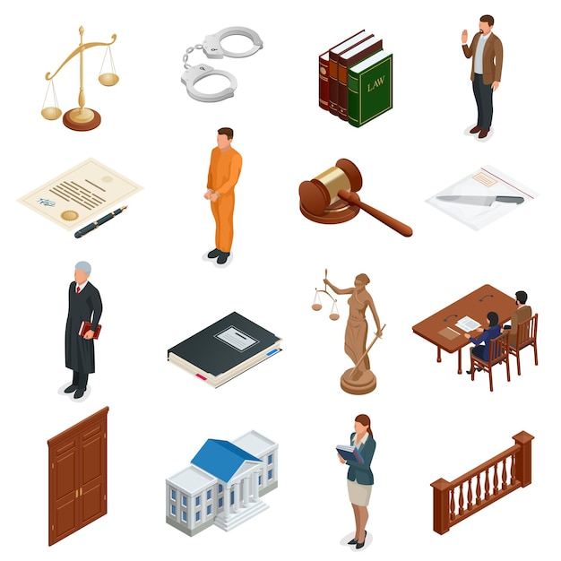 Isometric Law and Justice. Symbols of legal regulations. Juridical icons set. Legal juridical, tribunal and judgment, law and gavel, vector illustration.