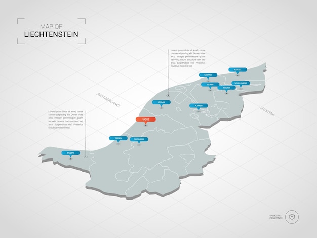 Mappa isometrica del liechtenstein. illustrazione stilizzata della mappa con città, confini, capitale, divisioni amministrative e indicatori di direzione; sfondo sfumato con griglia.