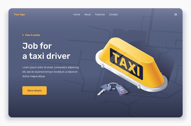 Taxi e chiave isometrica della scatola leggera. modello di pagina di destinazione.