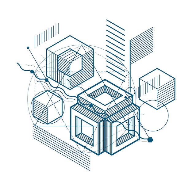 벡터 아이소메트릭 선형 추상적인 벡터 배경, 줄지어 추상화입니다. 큐브, 육각형, 사각형, 사각형 및 다른 추상 요소.