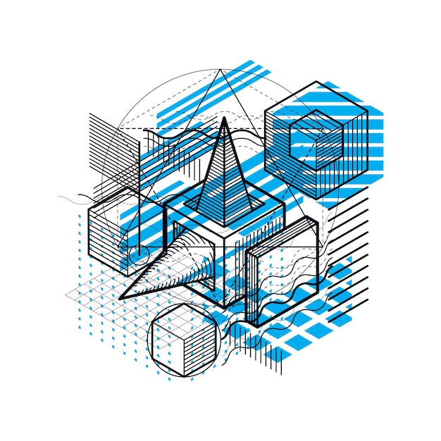 Изометрический линейный абстрактный векторный фон, выровненная абстракция. кубы, шестиугольники, квадраты, прямоугольники и различные абстрактные элементы.