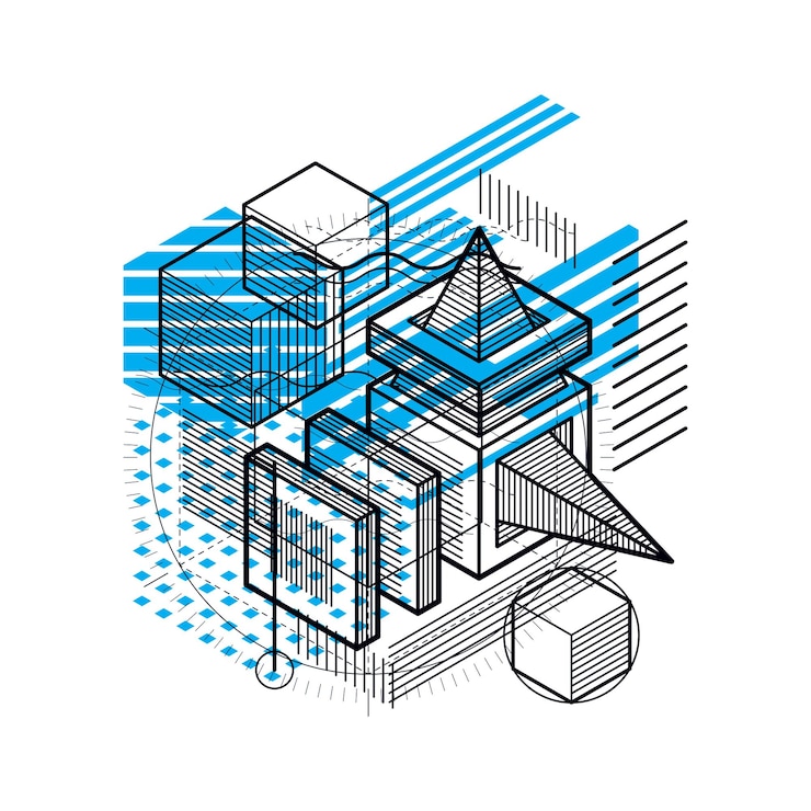 Vector isometric linear abstract vector background, lined abstraction. cubes, hexagons, squares, rectangles and different abstract elements.