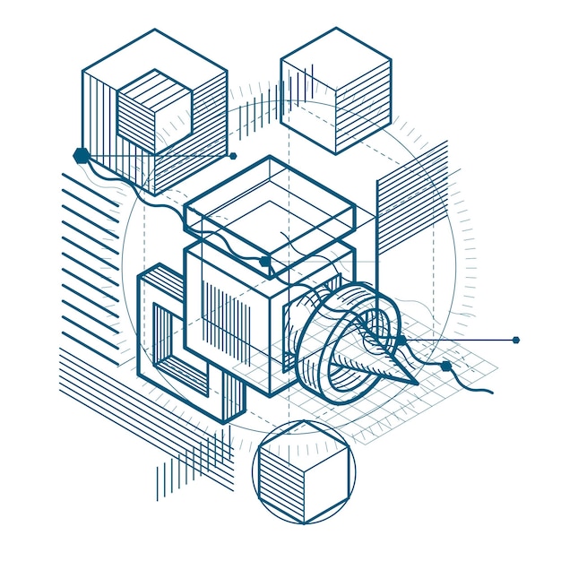 Isometric linear abstract vector background, lined abstraction. Cubes, hexagons, squares, rectangles and different abstract elements.