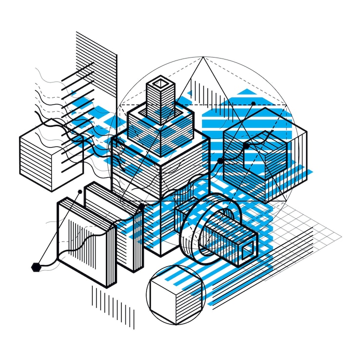 Vector isometric linear abstract vector background, lined abstraction. cubes, hexagons, squares, rectangles and different abstract elements.