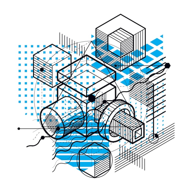 Isometric linear abstract vector background, lined abstraction. Cubes, hexagons, squares, rectangles and different abstract elements.