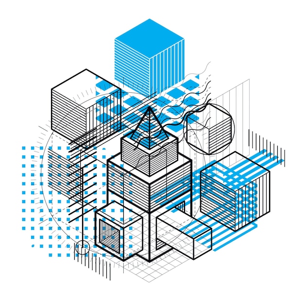 Vector isometric linear abstract vector background, lined abstraction. cubes, hexagons, squares, rectangles and different abstract elements.