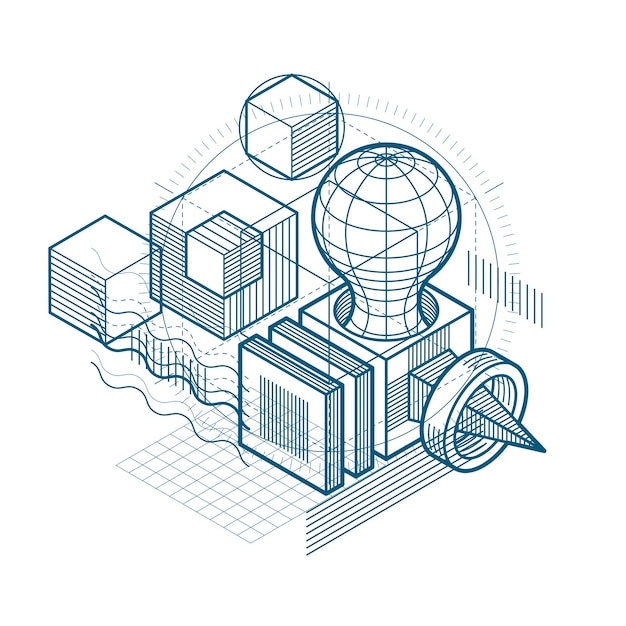 Isometric linear abstract vector background, lined abstraction. Cubes, hexagons, squares, rectangles and different abstract elements.