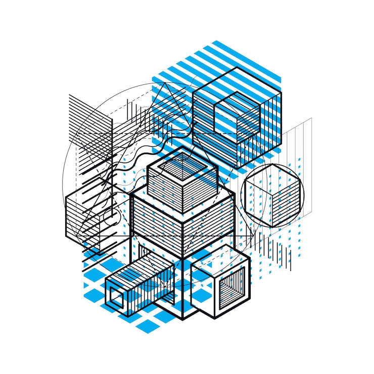 Vector isometric linear abstract vector background, lined abstraction. cubes, hexagons, squares, rectangles and different abstract elements.