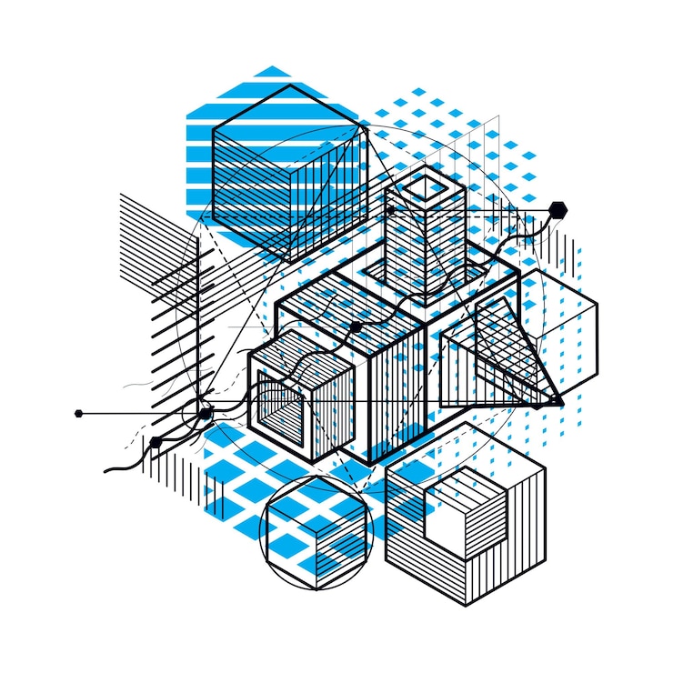 Vector isometric linear abstract vector background, lined abstraction. cubes, hexagons, squares, rectangles and different abstract elements.