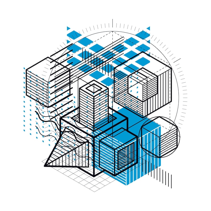 Vector isometric linear abstract vector background, lined abstraction. cubes, hexagons, squares, rectangles and different abstract elements.