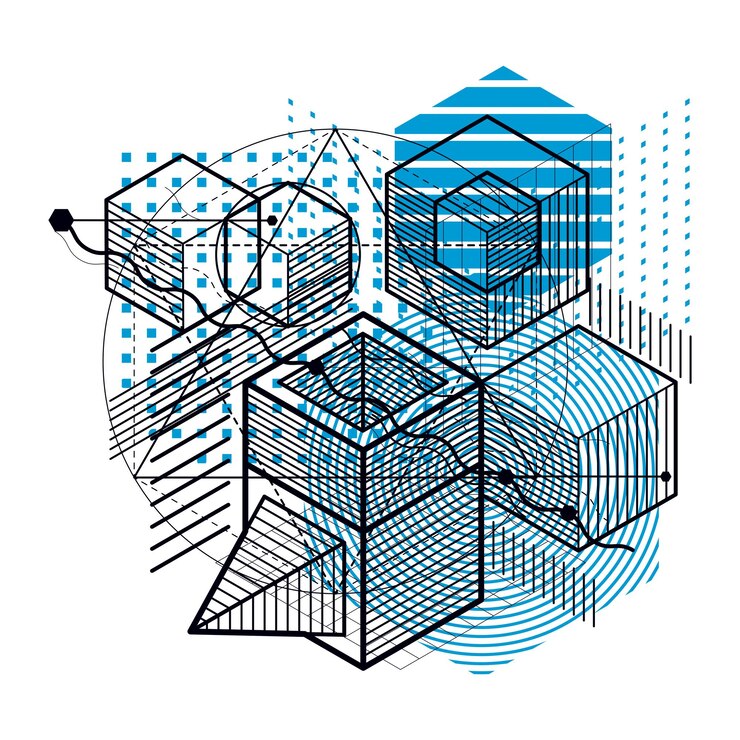Vector isometric linear abstract vector background, lined abstraction. cubes, hexagons, squares, rectangles and different abstract elements.