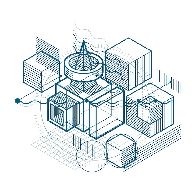 Isometric linear abstract vector background, lined abstraction. Cubes, hexagons, squares, rectangles and different abstract elements.